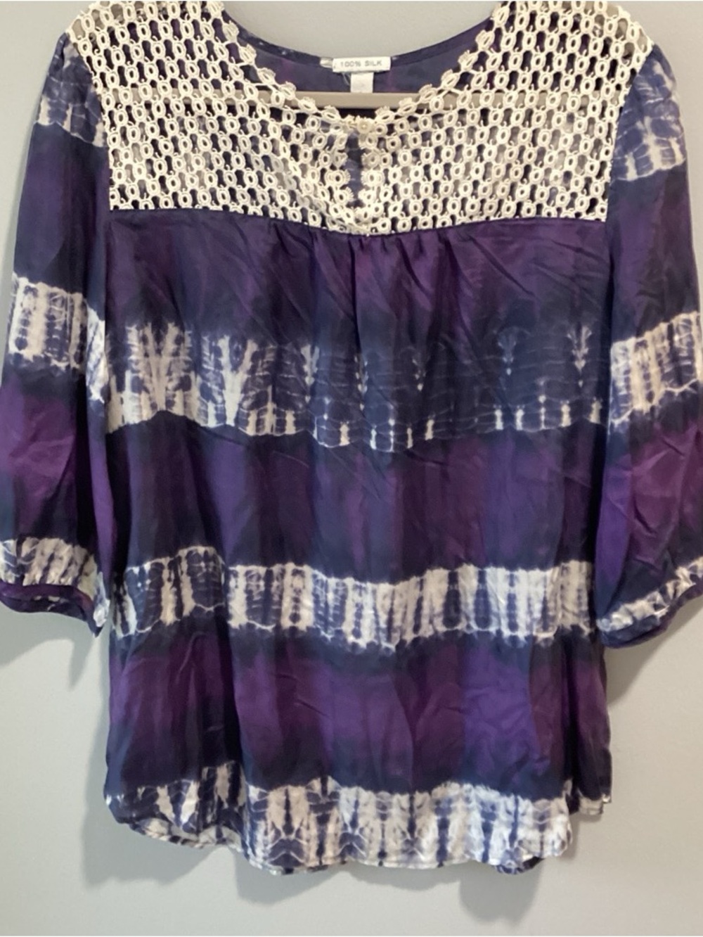 Crochet Yoke Tie-Dye Blouse in Purple and White